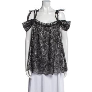 Anna Sui black and silver metallic silk lace blouse